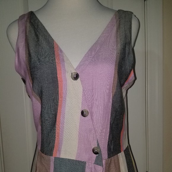 Patrons of Peace Mocha Multicolor Striped Buttons Front Dress Medium Small NEW - Picture 2 of 11